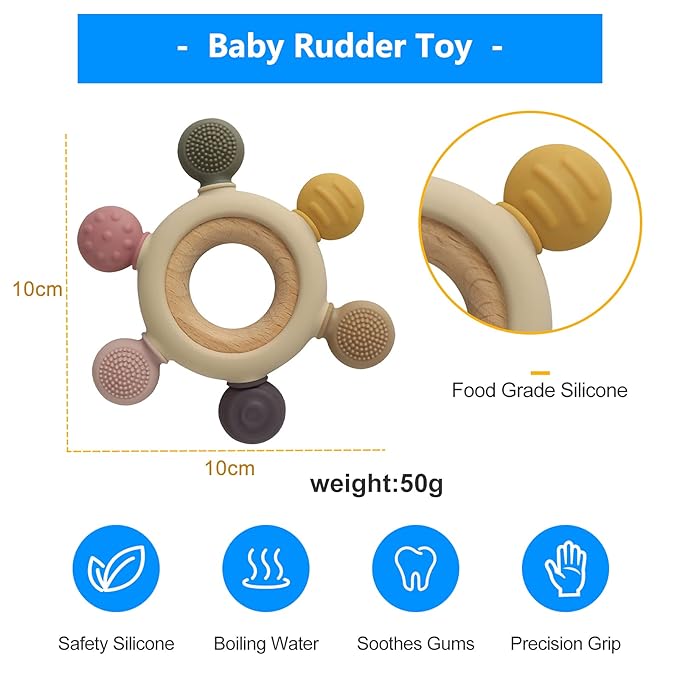 Turtlebee 2 in 1 Ring teether with natural wood and silicone teething toys for babies teething pain relief